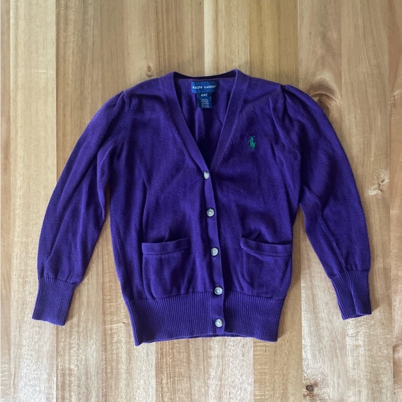 Ralph Lauren Purple Button Sweater Cardigan with Pockets, Size 4/4T - Picture 2 of 4